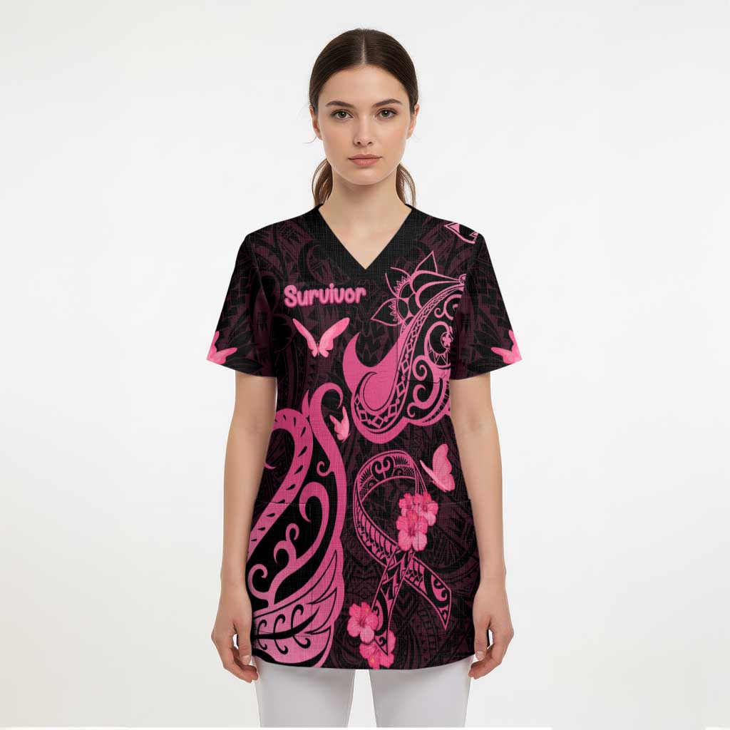 Breast Cancer Awareness Scrub Top Ribbon Polynesian Pattern Black Version - Polynesian Pride