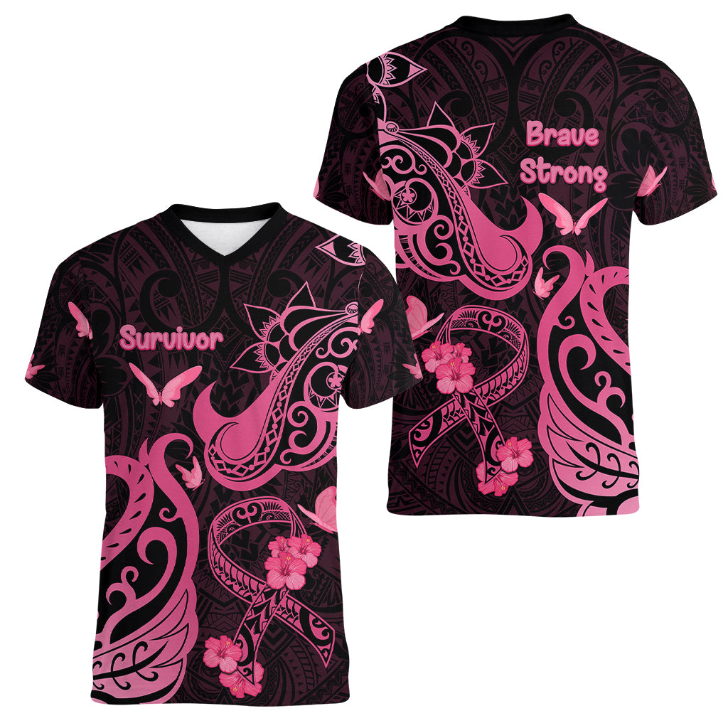Breast Cancer Awareness Women V Neck T Shirt Ribbon Polynesian Pattern Black Version LT05 - Polynesian Pride
