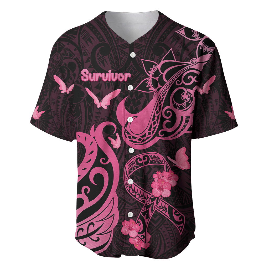 Personalized Breast Cancer Awareness Baseball Jersey Ribbon Polynesian Pattern Black Version LT05 Black - Polynesian Pride