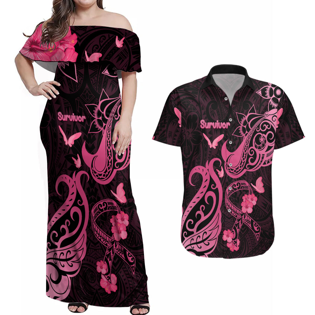 Personalized Breast Cancer Awareness Couples Matching Off Shoulder Maxi Dress and Hawaiian Shirt Ribbon Polynesian Pattern Black Version LT05 Black - Polynesian Pride