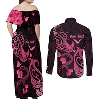 Personalized Breast Cancer Awareness Couples Matching Off Shoulder Maxi Dress and Long Sleeve Button Shirts Ribbon Polynesian Pattern Black Version LT05 - Polynesian Pride