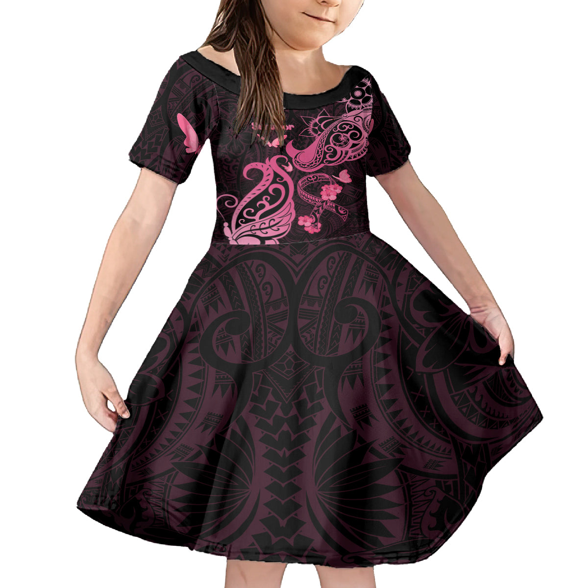 Personalized Breast Cancer Awareness Family Matching Long Sleeve Bodycon Dress and Hawaiian Shirt Ribbon Polynesian Pattern Black Version LT05 Daughter's Dress Black - Polynesian Pride