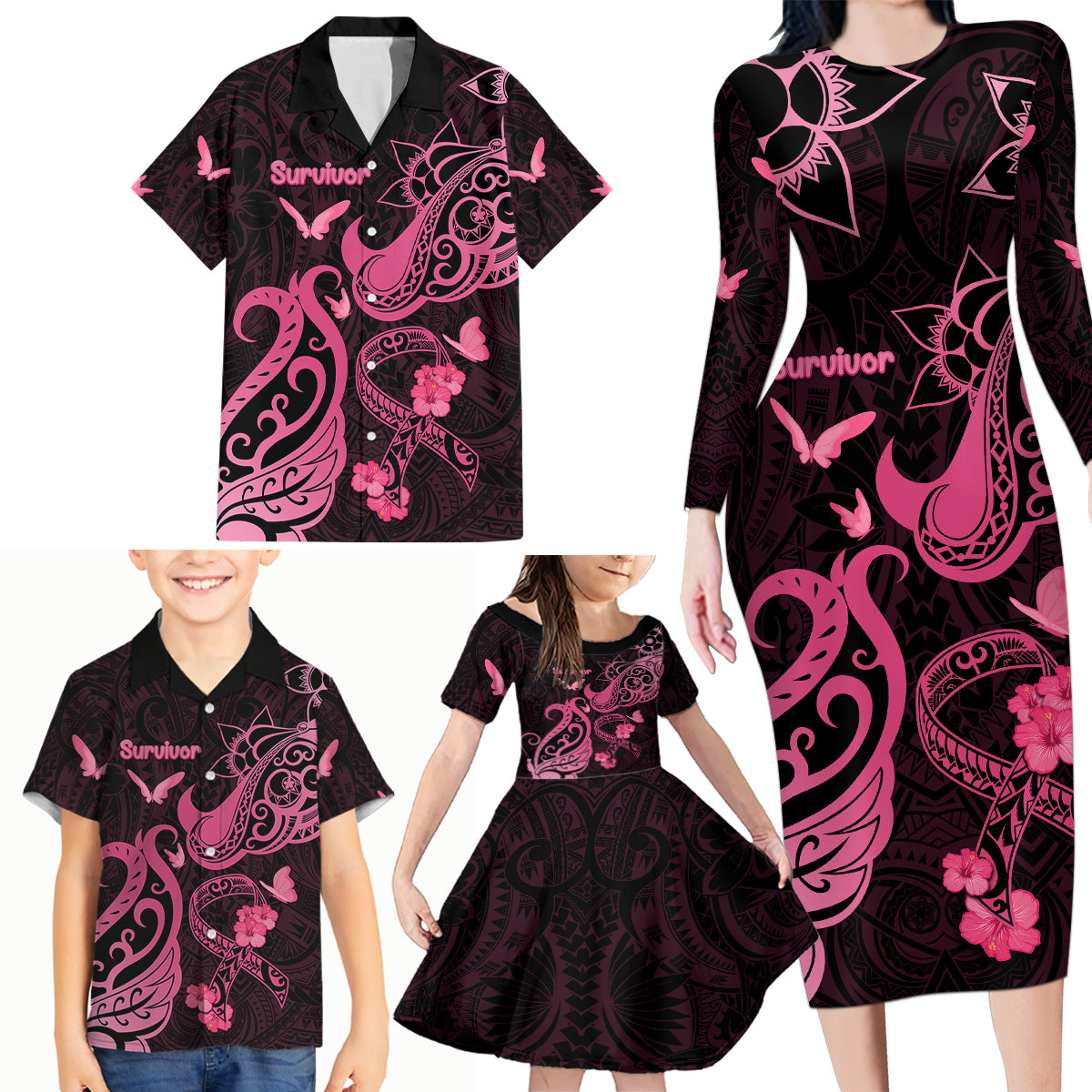 Personalized Breast Cancer Awareness Family Matching Long Sleeve Bodycon Dress and Hawaiian Shirt Ribbon Polynesian Pattern Black Version LT05 - Polynesian Pride