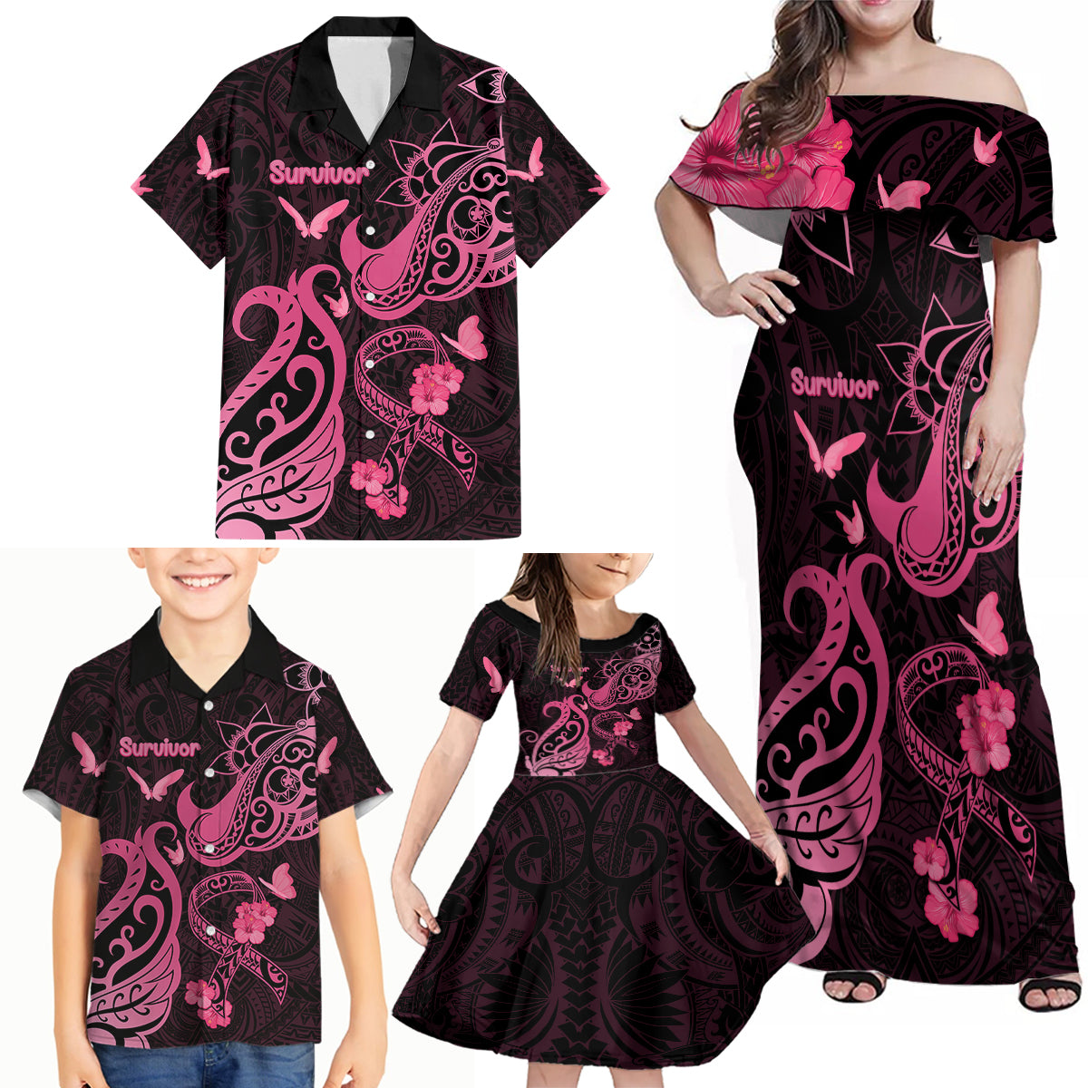 Personalized Breast Cancer Awareness Family Matching Off Shoulder Maxi Dress and Hawaiian Shirt Ribbon Polynesian Pattern Black Version LT05 - Polynesian Pride