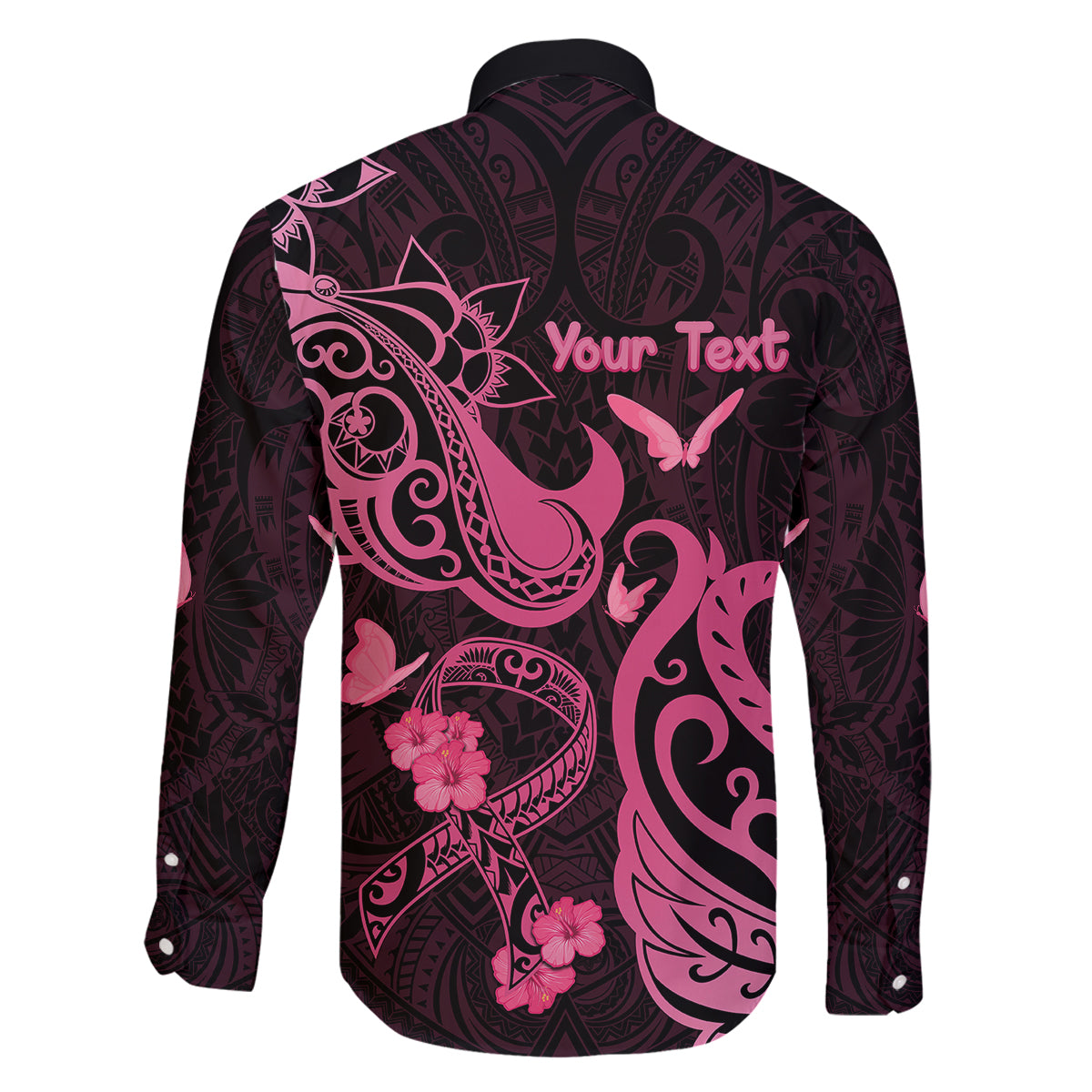 Personalized Breast Cancer Awareness Family Matching Tank Maxi Dress and Hawaiian Shirt Ribbon Polynesian Pattern Black Version LT05 - Polynesian Pride