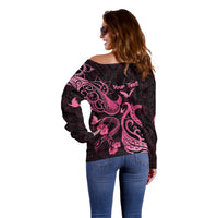 Personalized Breast Cancer Awareness Off Shoulder Sweater Ribbon Polynesian Pattern Black Version LT05 - Polynesian Pride