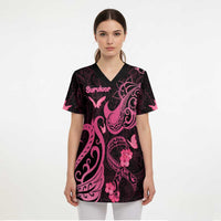 Personalized Breast Cancer Awareness Scrub Top Ribbon Polynesian Pattern Black Version - Polynesian Pride