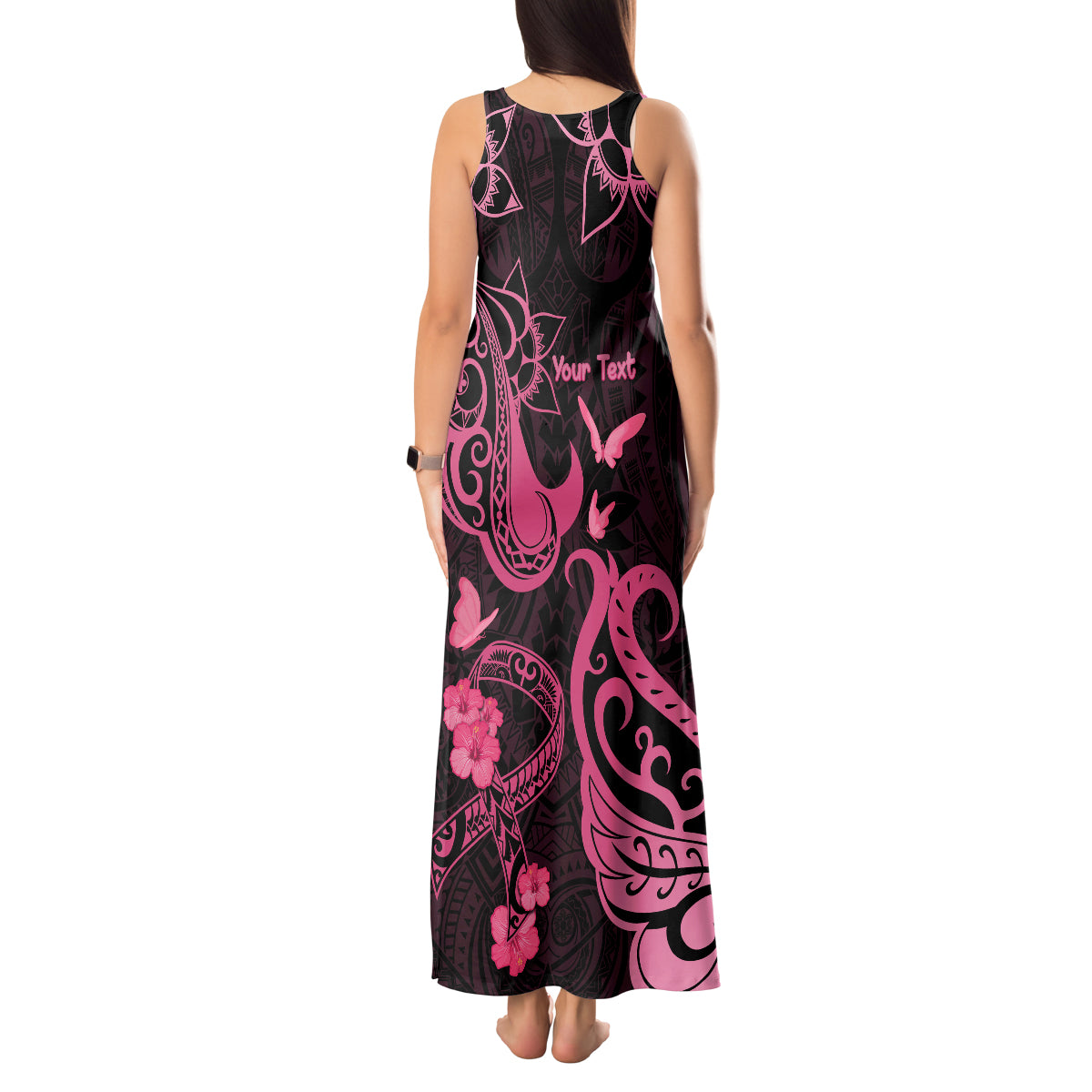 Personalized Breast Cancer Awareness Tank Maxi Dress Ribbon Polynesian Pattern Black Version LT05 - Polynesian Pride