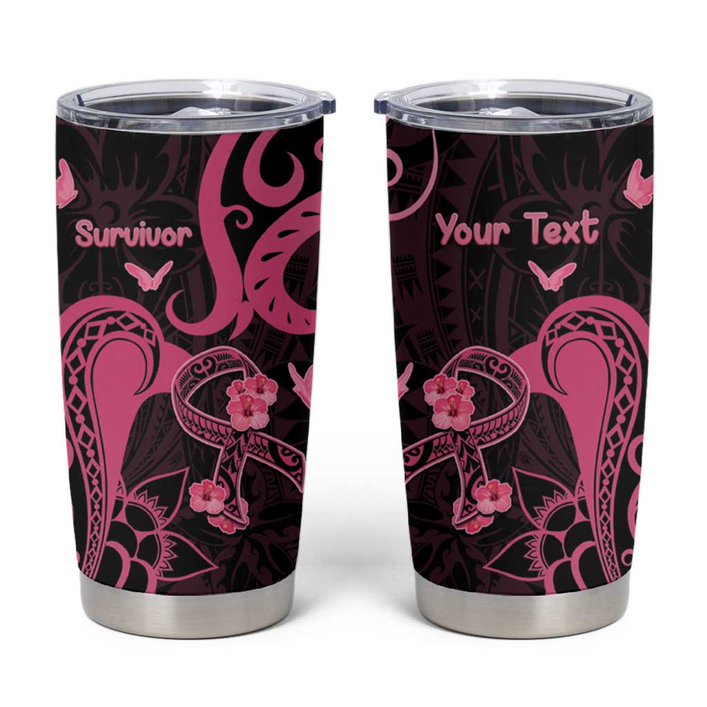 Personalised Breast Cancer Awareness Tumbler Cup Ribbon Polynesian Pattern Black Version