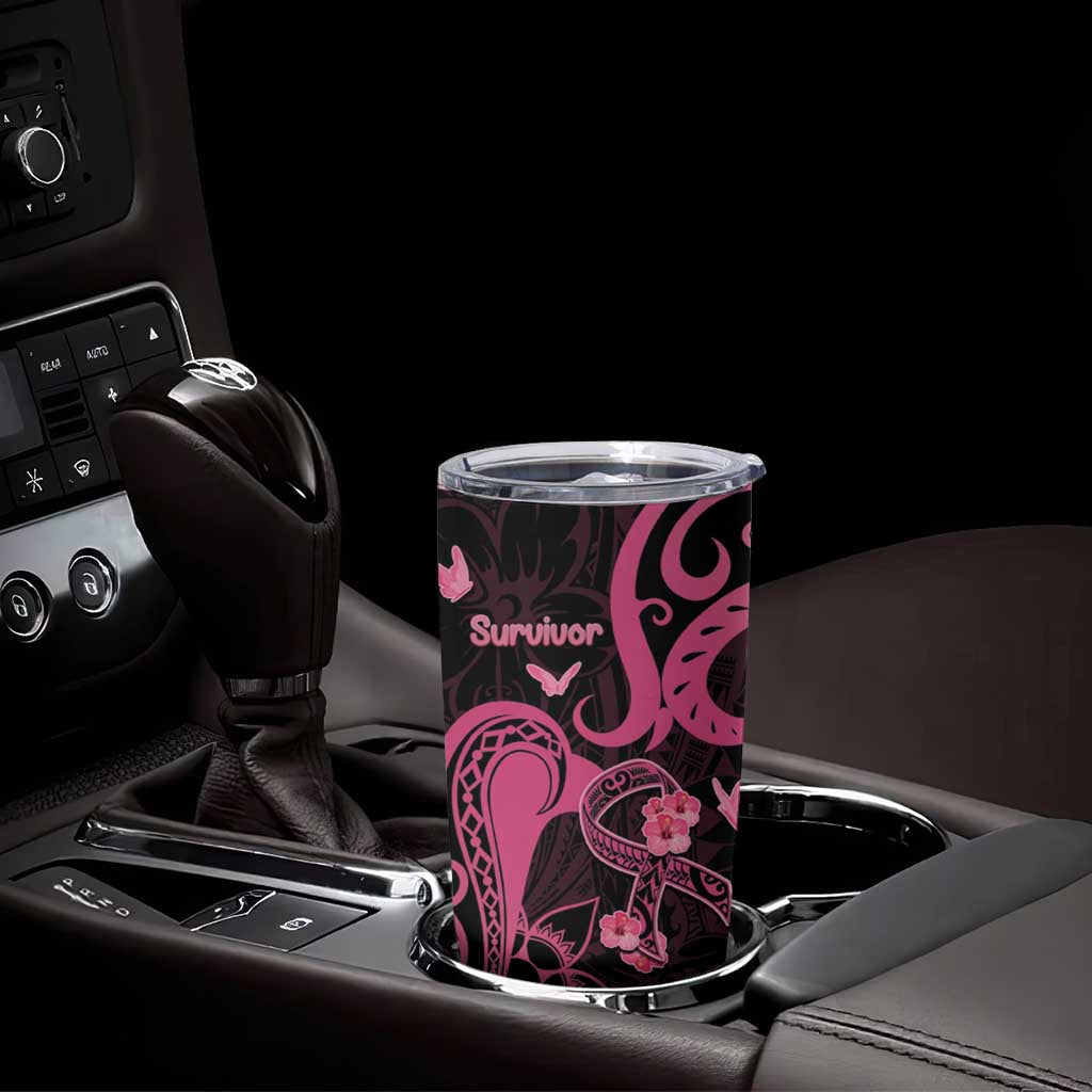 Personalised Breast Cancer Awareness Tumbler Cup Ribbon Polynesian Pattern Black Version