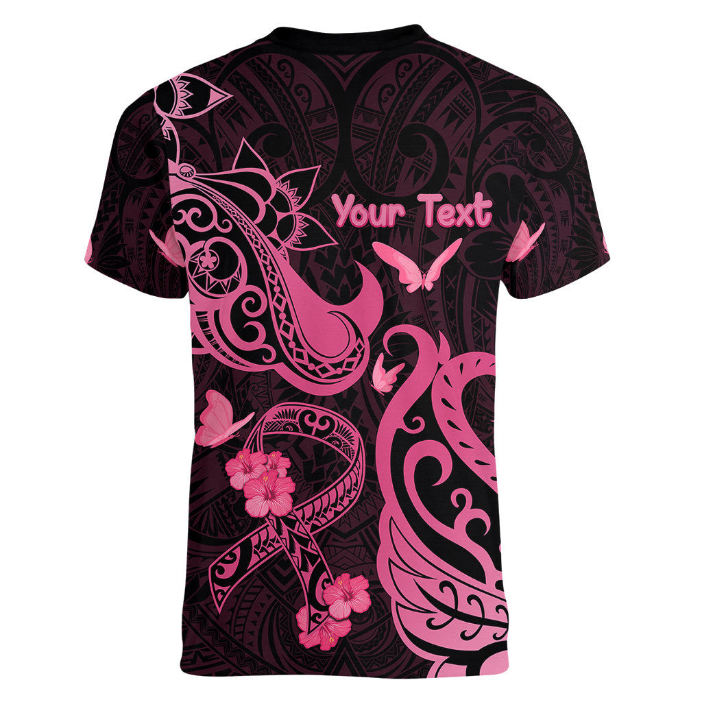 Personalized Breast Cancer Awareness Women V Neck T Shirt Ribbon Polynesian Pattern Black Version LT05 - Polynesian Pride