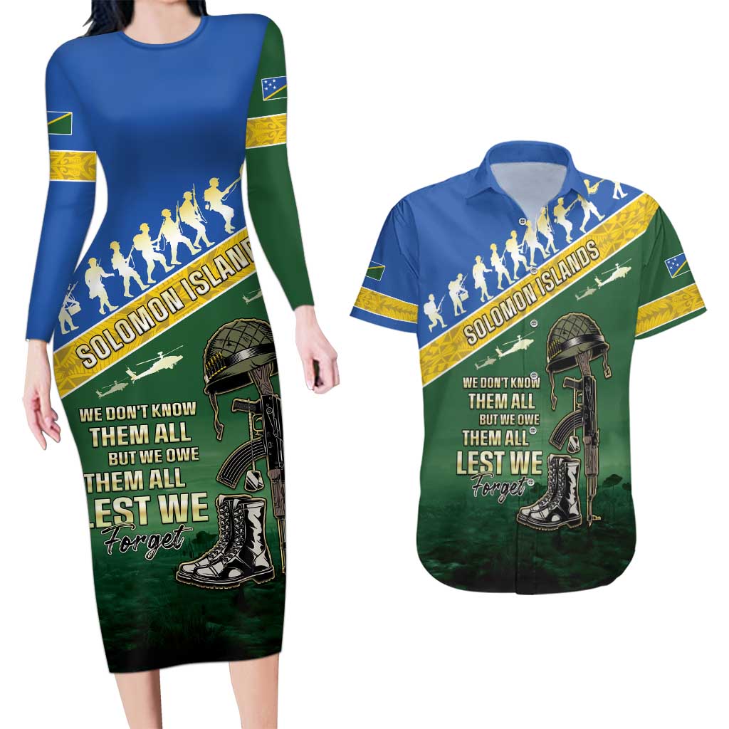 Solomon Islands Remembrance Day Couples Matching Long Sleeve Bodycon Dress and Hawaiian Shirt Lest We Forget