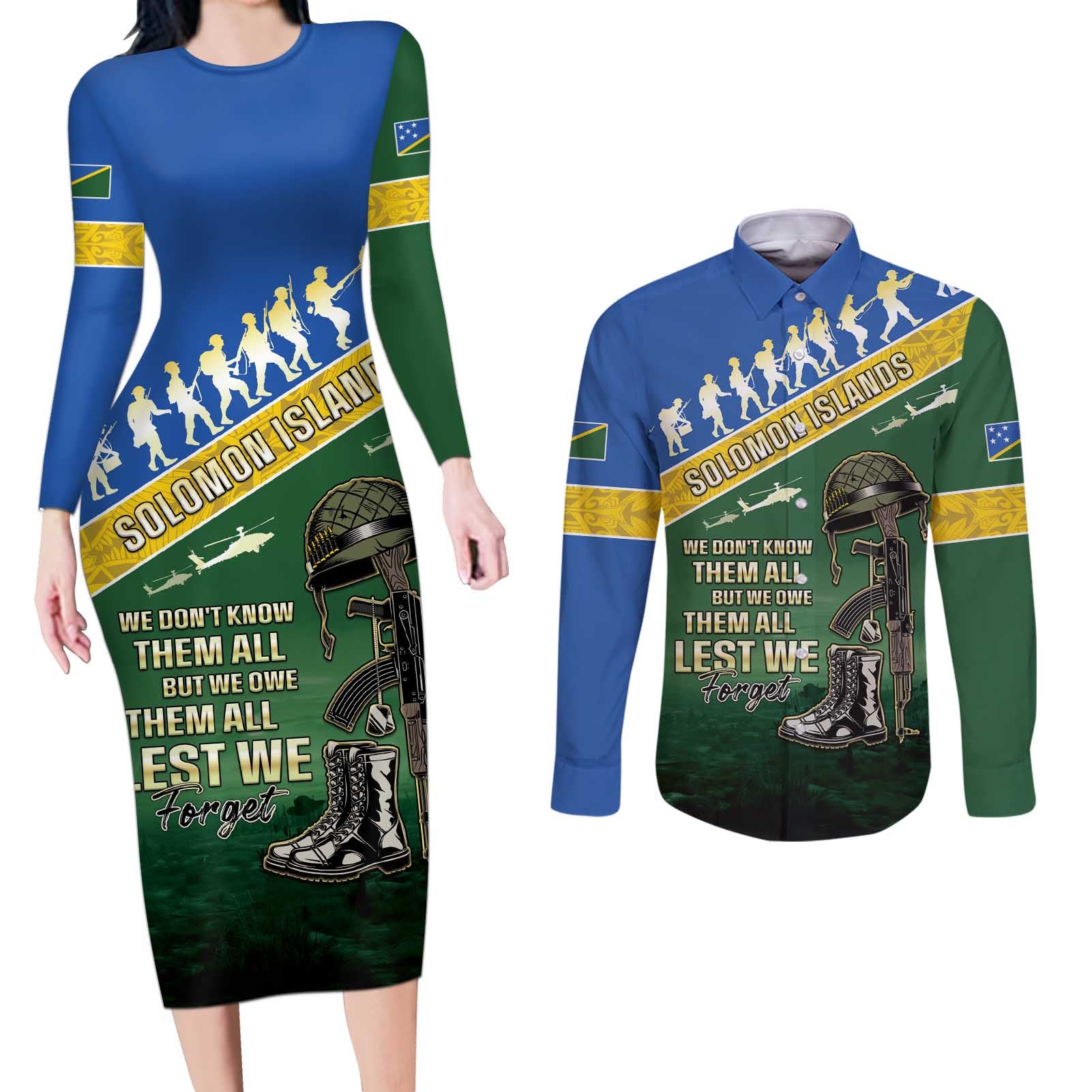 Solomon Islands Remembrance Day Couples Matching Long Sleeve Bodycon Dress and Long Sleeve Button Shirt Lest We Forget