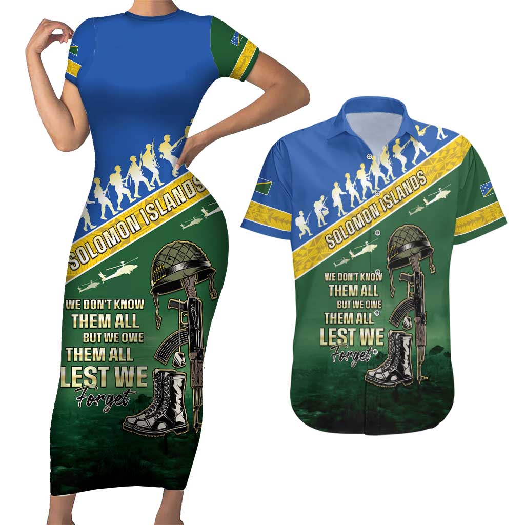 Solomon Islands Remembrance Day Couples Matching Short Sleeve Bodycon Dress and Hawaiian Shirt Lest We Forget