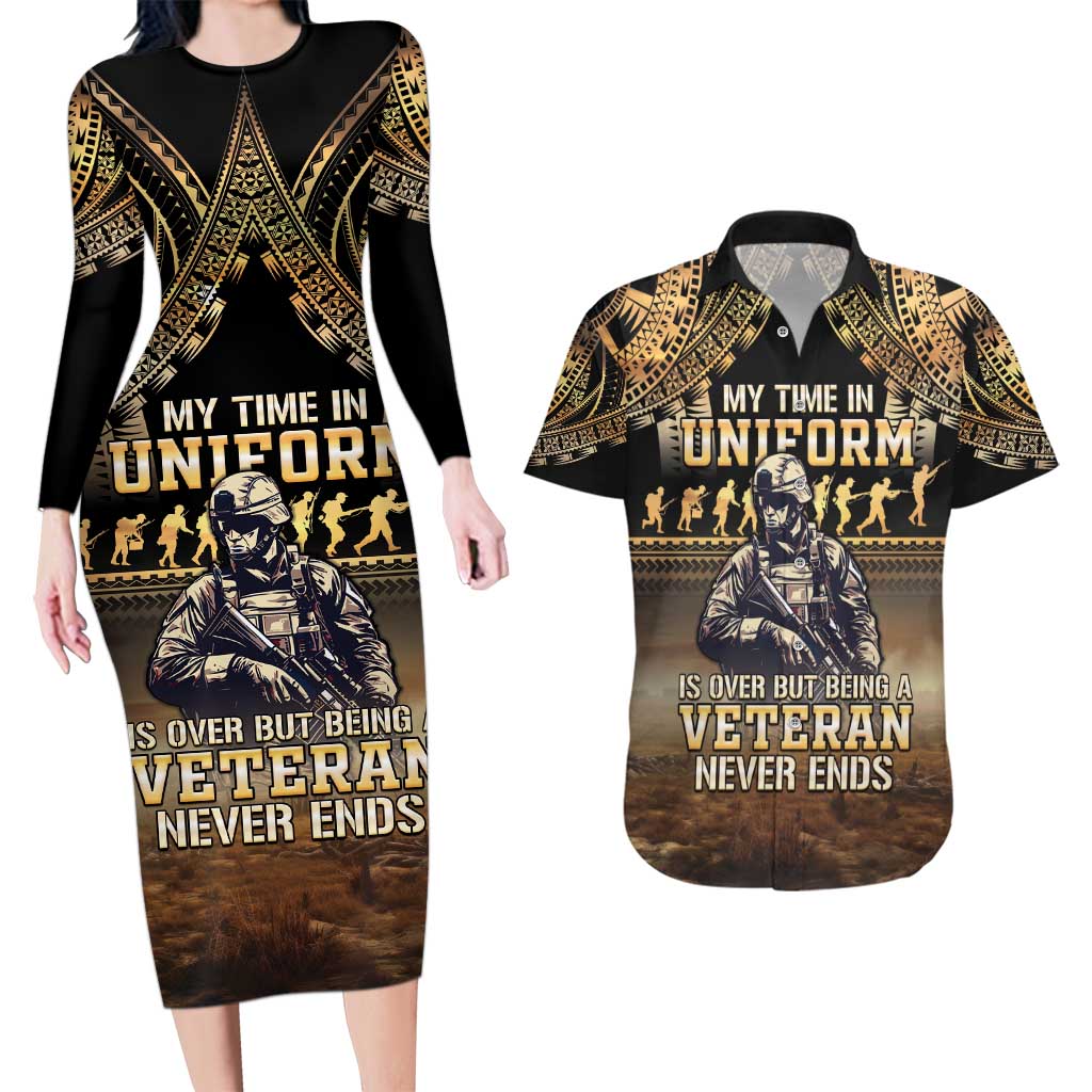 Polynesia Veterans Day Couples Matching Long Sleeve Bodycon Dress and Hawaiian Shirt Thank You Veterans Polynesian Pattern