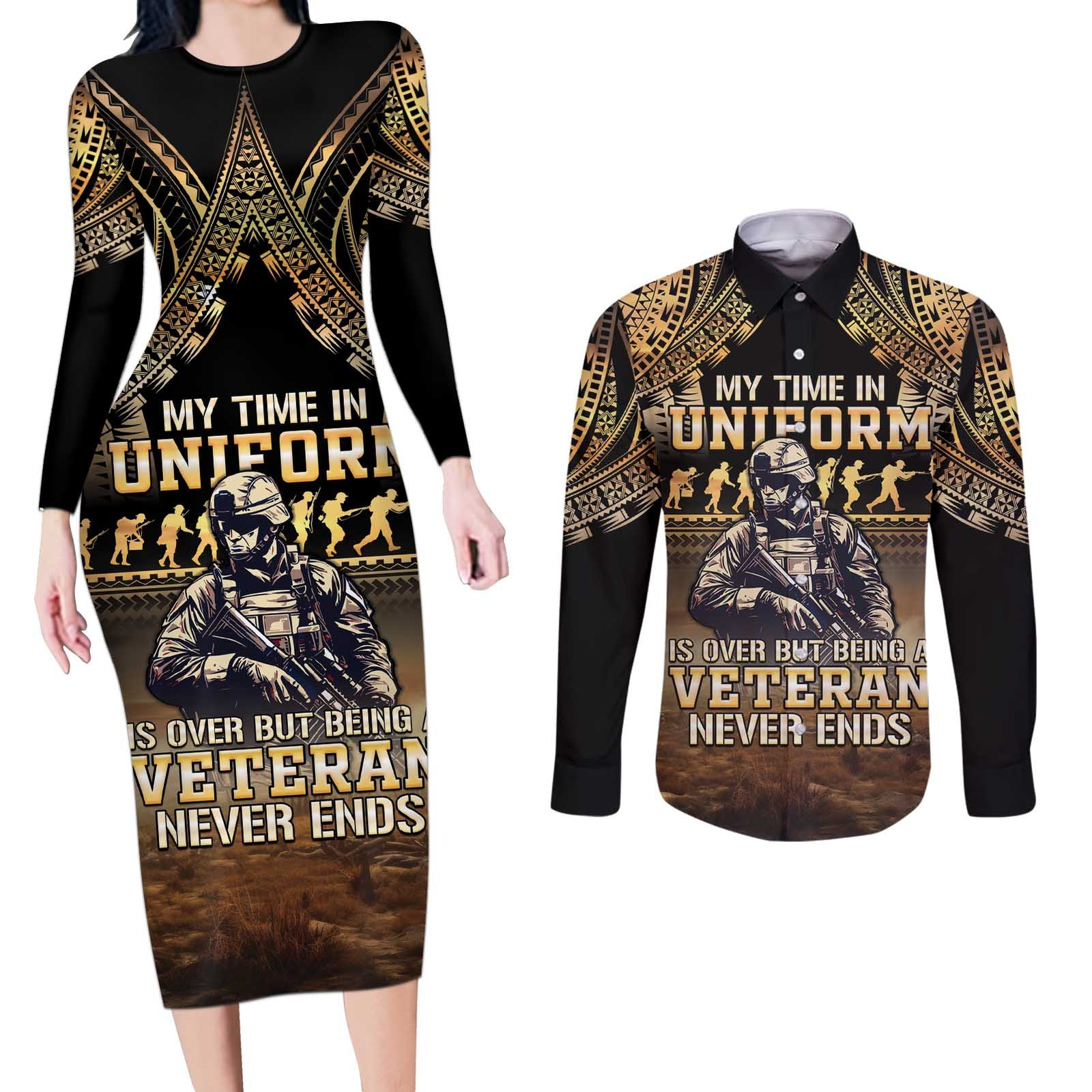 Polynesia Veterans Day Couples Matching Long Sleeve Bodycon Dress and Long Sleeve Button Shirt Thank You Veterans Polynesian Pattern LT05 Gold - Polynesian Pride