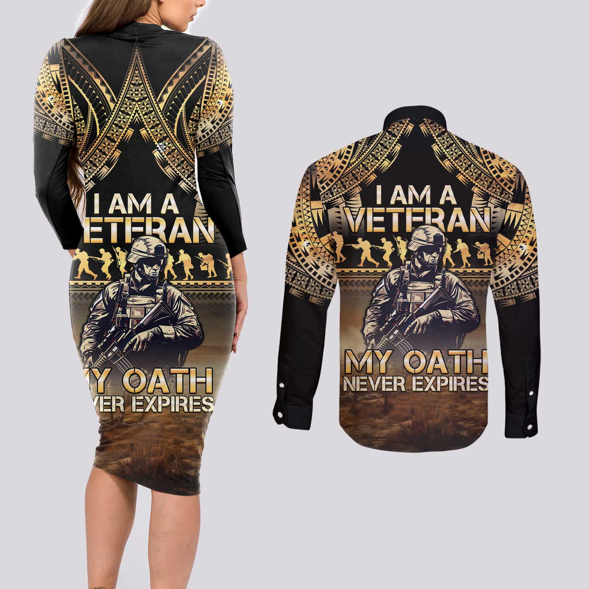 Polynesia Veterans Day Couples Matching Long Sleeve Bodycon Dress and Long Sleeve Button Shirt Thank You Veterans Polynesian Pattern LT05 - Polynesian Pride