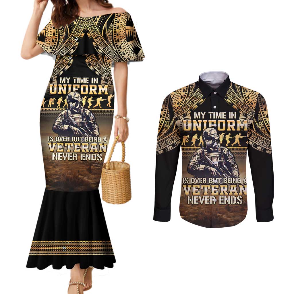 Polynesia Veterans Day Couples Matching Mermaid Dress and Long Sleeve Button Shirt Thank You Veterans Polynesian Pattern LT05 Gold - Polynesian Pride