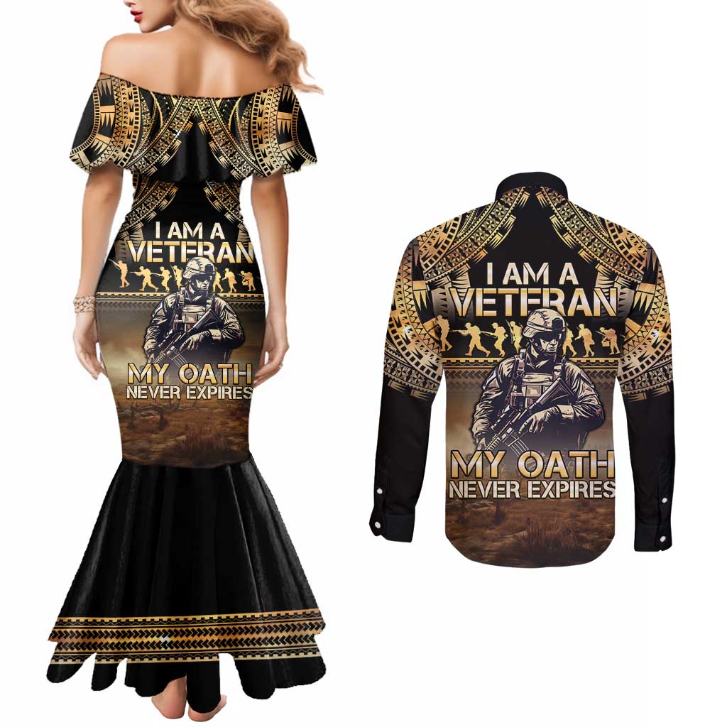 Polynesia Veterans Day Couples Matching Mermaid Dress and Long Sleeve Button Shirt Thank You Veterans Polynesian Pattern LT05 - Polynesian Pride