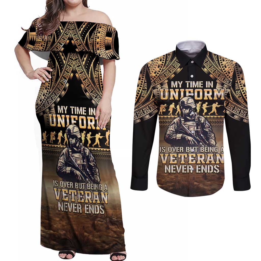 Polynesia Veterans Day Couples Matching Off Shoulder Maxi Dress and Long Sleeve Button Shirt Thank You Veterans Polynesian Pattern LT05 Gold - Polynesian Pride
