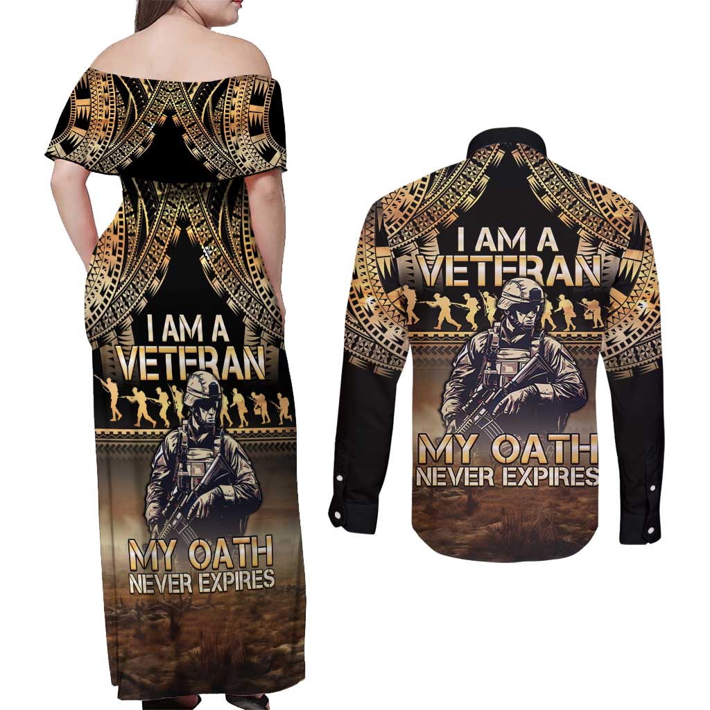 Polynesia Veterans Day Couples Matching Off Shoulder Maxi Dress and Long Sleeve Button Shirt Thank You Veterans Polynesian Pattern LT05 - Polynesian Pride