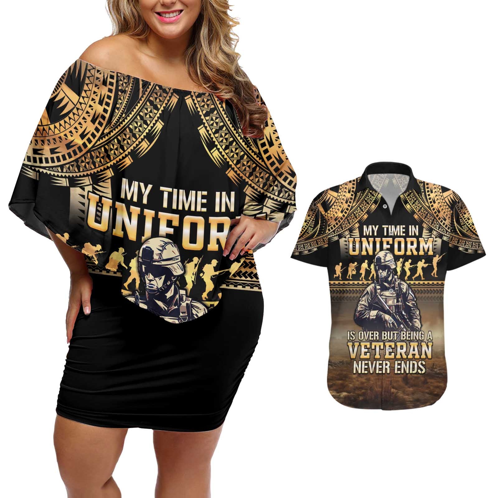 Polynesia Veterans Day Couples Matching Off Shoulder Short Dress and Hawaiian Shirt Thank You Veterans Polynesian Pattern LT05 Gold - Polynesian Pride