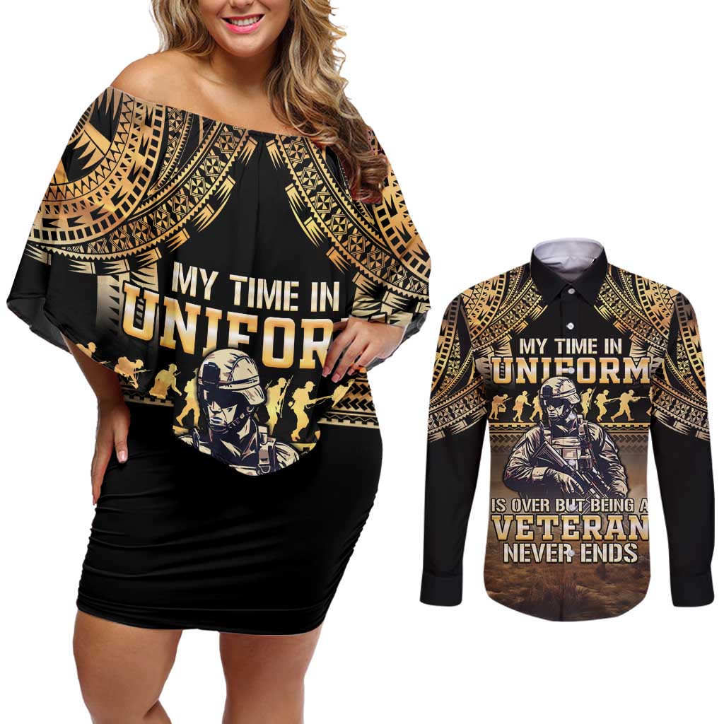 Polynesia Veterans Day Couples Matching Off Shoulder Short Dress and Long Sleeve Button Shirt Thank You Veterans Polynesian Pattern LT05 Gold - Polynesian Pride