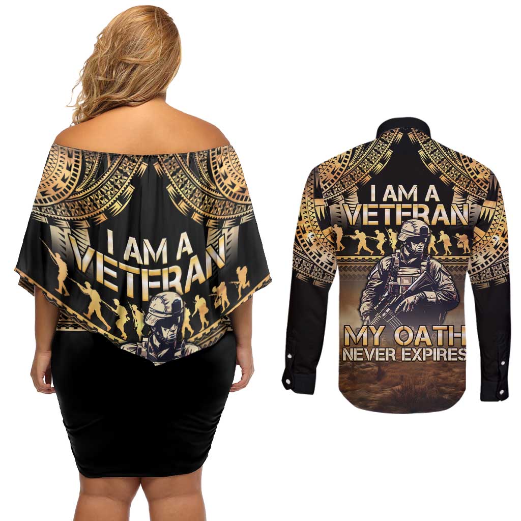 Polynesia Veterans Day Couples Matching Off Shoulder Short Dress and Long Sleeve Button Shirt Thank You Veterans Polynesian Pattern LT05 - Polynesian Pride