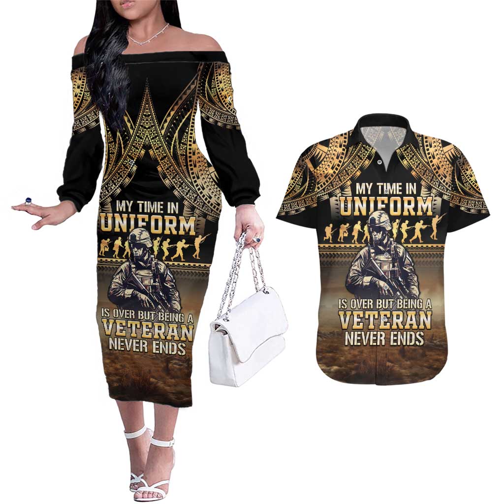 Polynesia Veterans Day Couples Matching Off The Shoulder Long Sleeve Dress and Hawaiian Shirt Thank You Veterans Polynesian Pattern LT05 Gold - Polynesian Pride