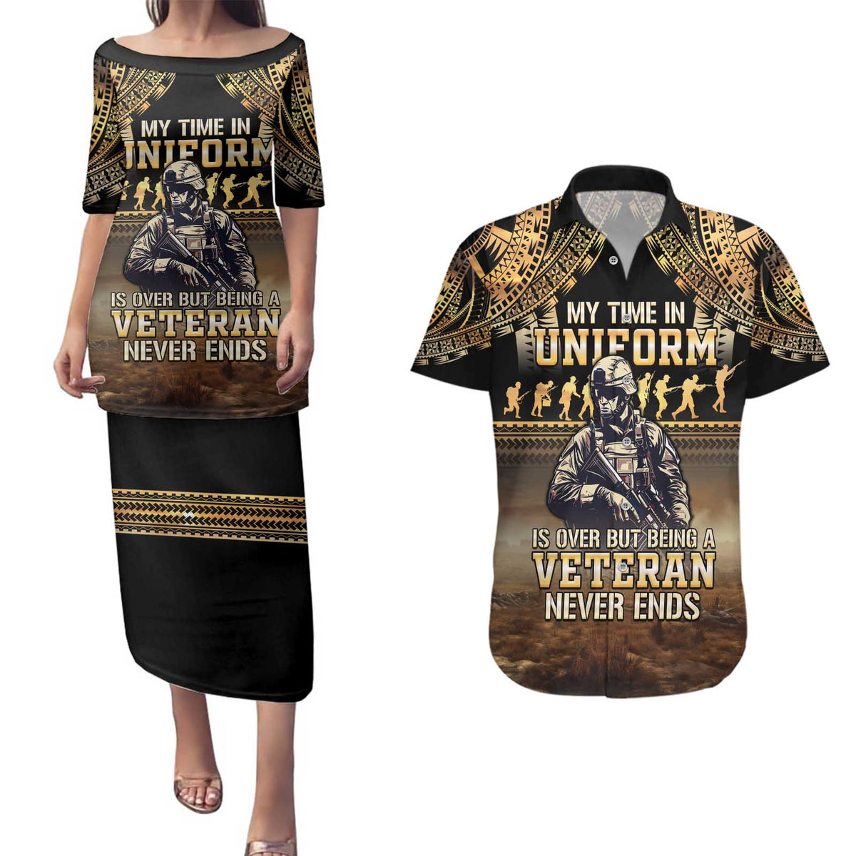 Polynesia Veterans Day Couples Matching Puletasi and Hawaiian Shirt Thank You Veterans Polynesian Pattern LT05 Gold - Polynesian Pride
