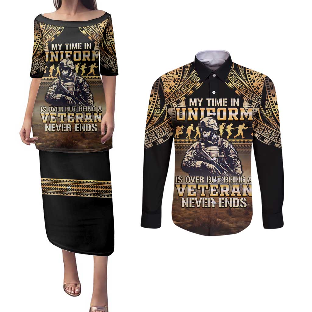 Polynesia Veterans Day Couples Matching Puletasi and Long Sleeve Button Shirt Thank You Veterans Polynesian Pattern LT05 Gold - Polynesian Pride
