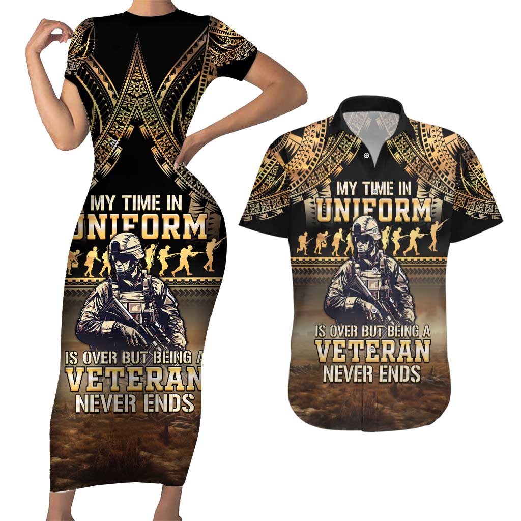 Polynesia Veterans Day Couples Matching Short Sleeve Bodycon Dress and Hawaiian Shirt Thank You Veterans Polynesian Pattern LT05 Gold - Polynesian Pride