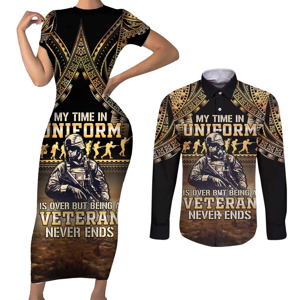 Polynesia Veterans Day Couples Matching Short Sleeve Bodycon Dress and Long Sleeve Button Shirt Thank You Veterans Polynesian Pattern LT05 Gold - Polynesian Pride