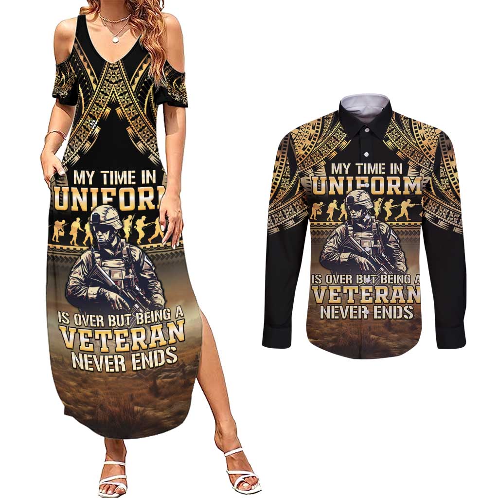 Polynesia Veterans Day Couples Matching Summer Maxi Dress and Long Sleeve Button Shirt Thank You Veterans Polynesian Pattern LT05 Gold - Polynesian Pride