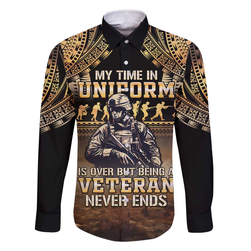 Polynesia Veterans Day Family Matching Off Shoulder Maxi Dress and Hawaiian Shirt Thank You Veterans Polynesian Pattern LT05 Dad's Shirt - Long Sleeve Gold - Polynesian Pride