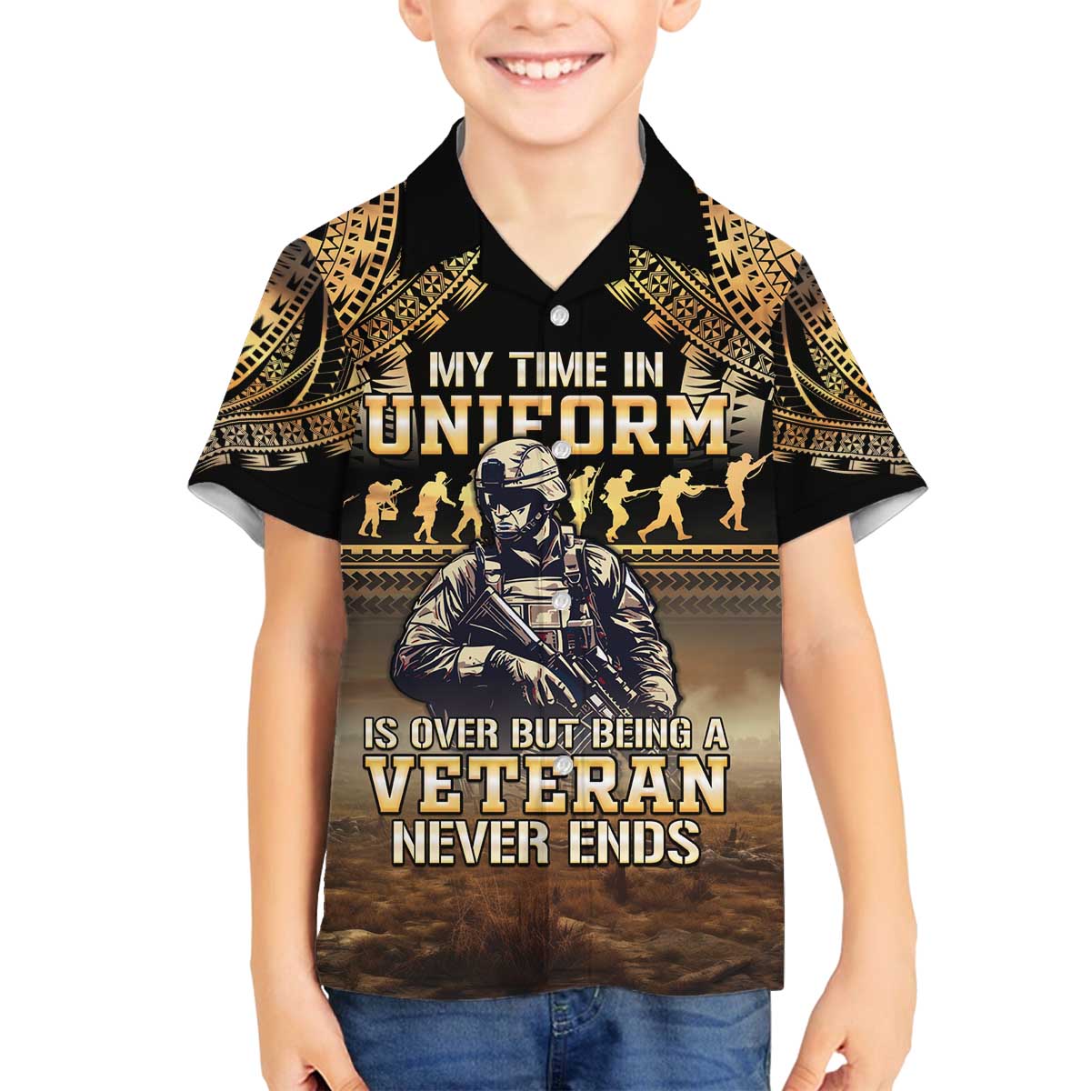 Polynesia Veterans Day Family Matching Off Shoulder Short Dress and Hawaiian Shirt Thank You Veterans Polynesian Pattern LT05 Son's Shirt Gold - Polynesian Pride