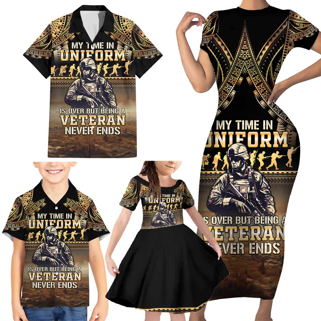 Polynesia Veterans Day Family Matching Short Sleeve Bodycon Dress and Hawaiian Shirt Thank You Veterans Polynesian Pattern