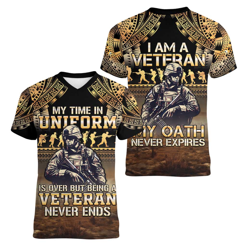 Polynesia Veterans Day Women V-Neck T-Shirt Thank You Veterans Polynesian Pattern LT05 - Polynesian Pride