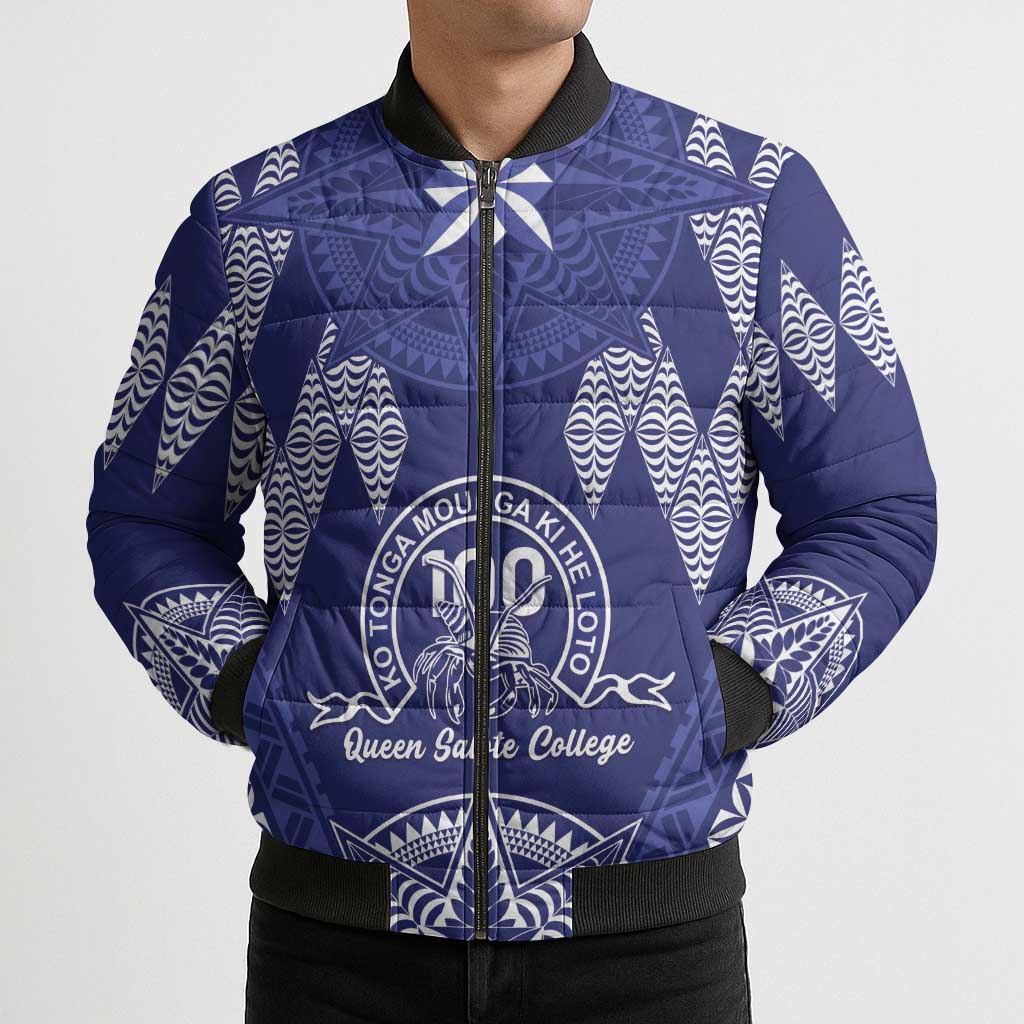 Personalised Queen Salote College Centenary Bomber Puffer Jacket Tongan Kupesi Pattern - Polynesian Pride