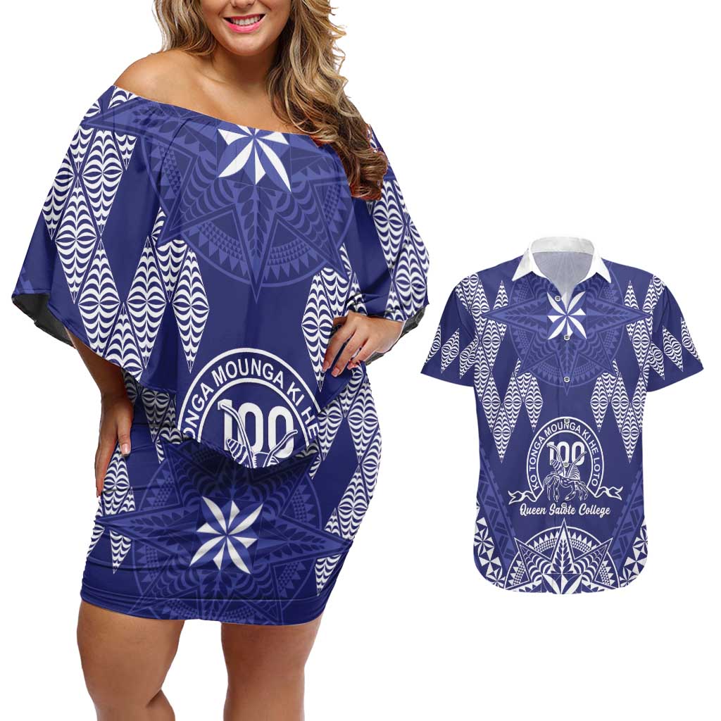 Personalised Queen Salote College Centenary Couples Matching Off Shoulder Short Dress and Hawaiian Shirt Tongan Kupesi Pattern - Polynesian Pride