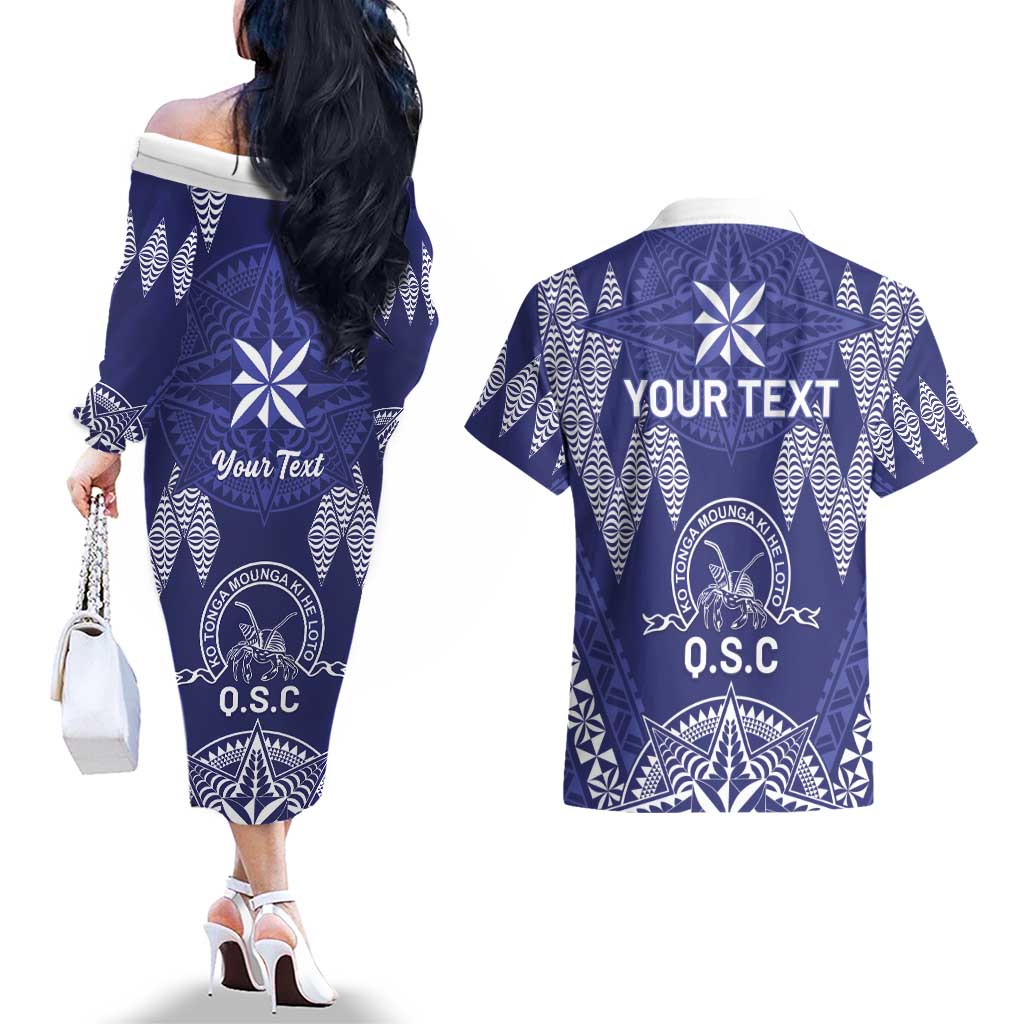 Personalised Queen Salote College Centenary Couples Matching Off The Shoulder Long Sleeve Dress and Hawaiian Shirt Tongan Kupesi Pattern - Polynesian Pride