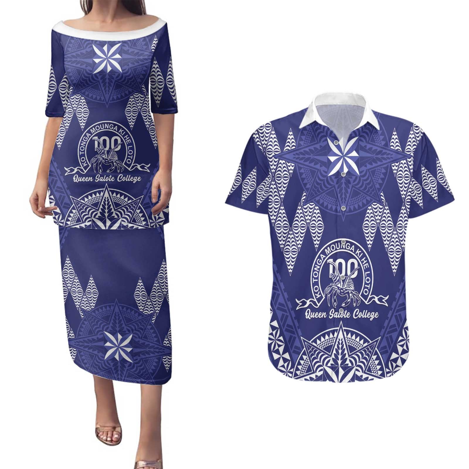 Personalised Queen Salote College Centenary Couples Matching Puletasi and Hawaiian Shirt Tongan Kupesi Pattern - Polynesian Pride