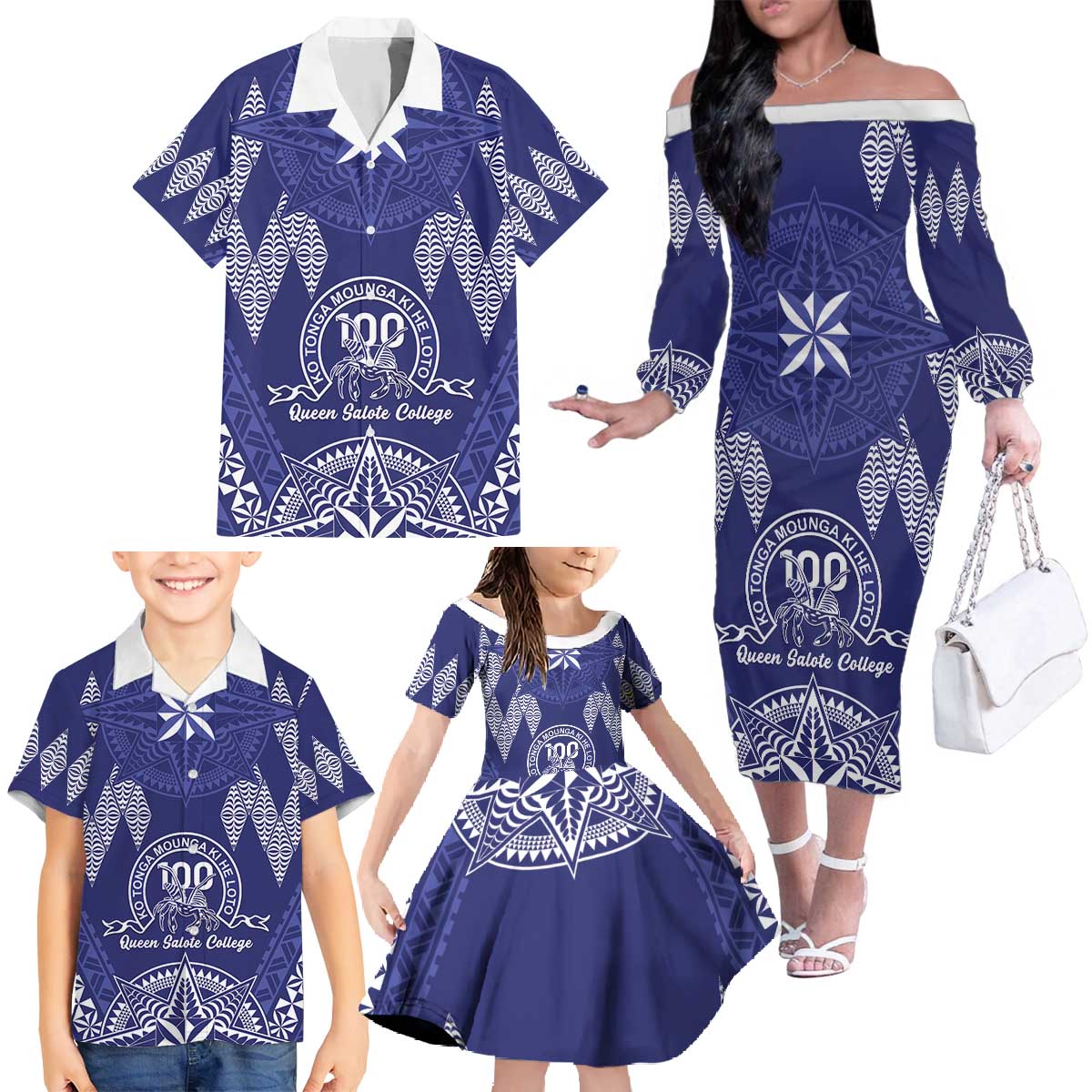 Personalised Queen Salote College Centenary Family Matching Off The Shoulder Long Sleeve Dress and Hawaiian Shirt Tongan Kupesi Pattern - Polynesian Pride