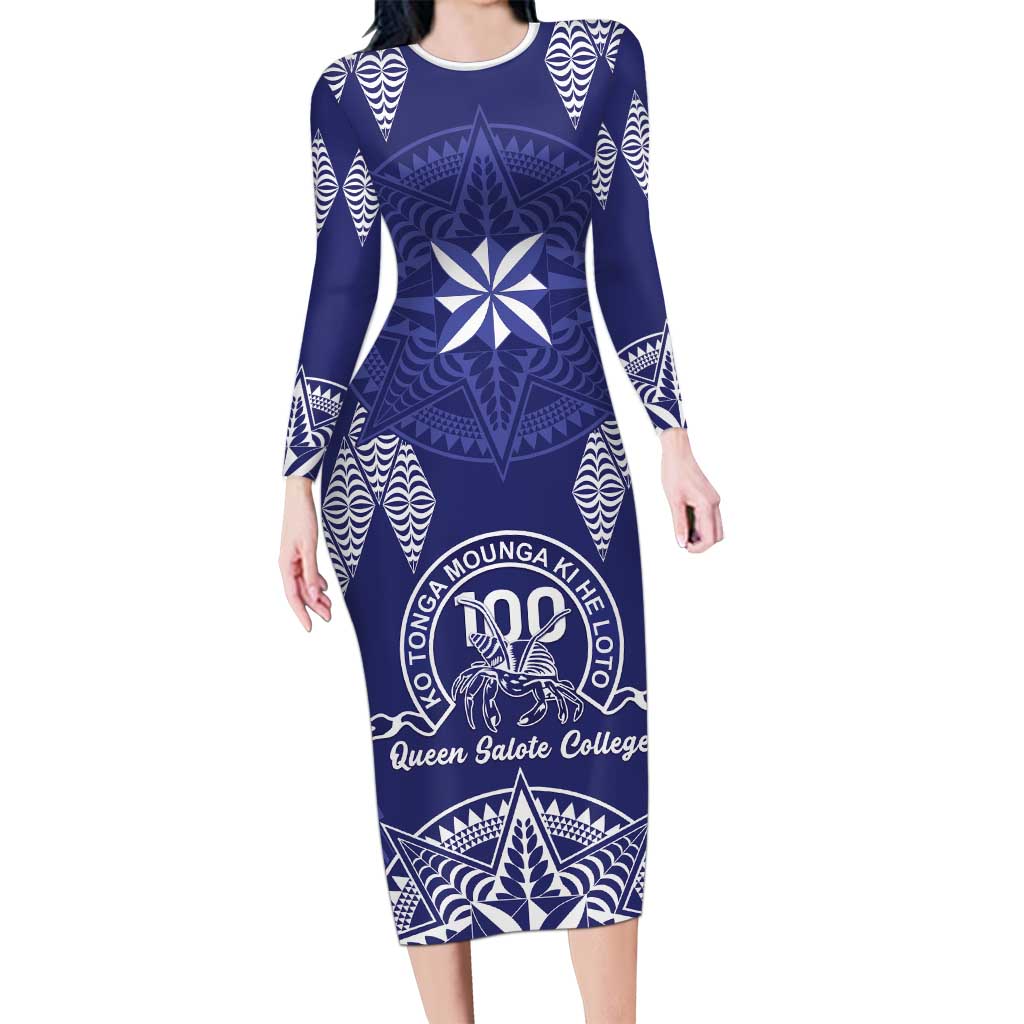 Personalised Queen Salote College Centenary Long Sleeve Bodycon Dress Tongan Kupesi Pattern - Polynesian Pride