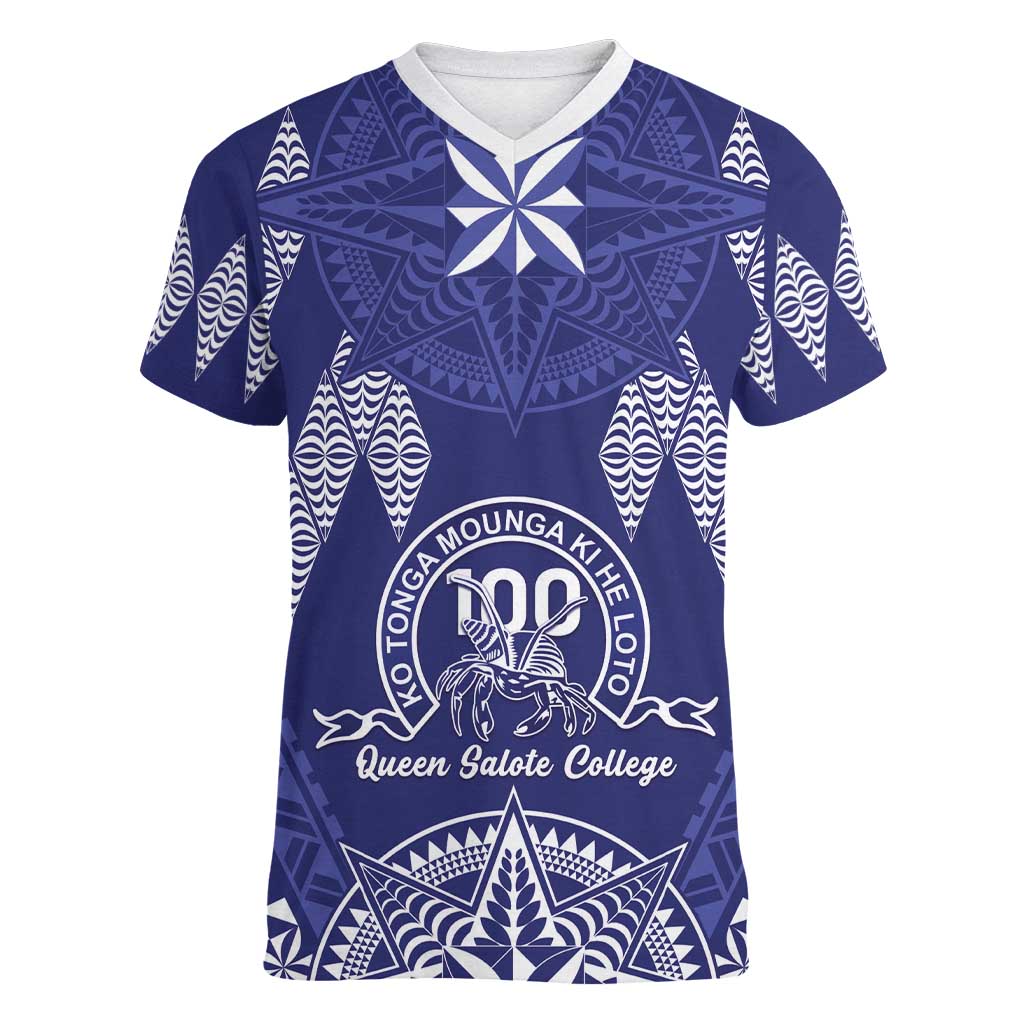 Personalised Queen Salote College Centenary Women V-Neck T-Shirt Tongan Kupesi Pattern - Polynesian Pride