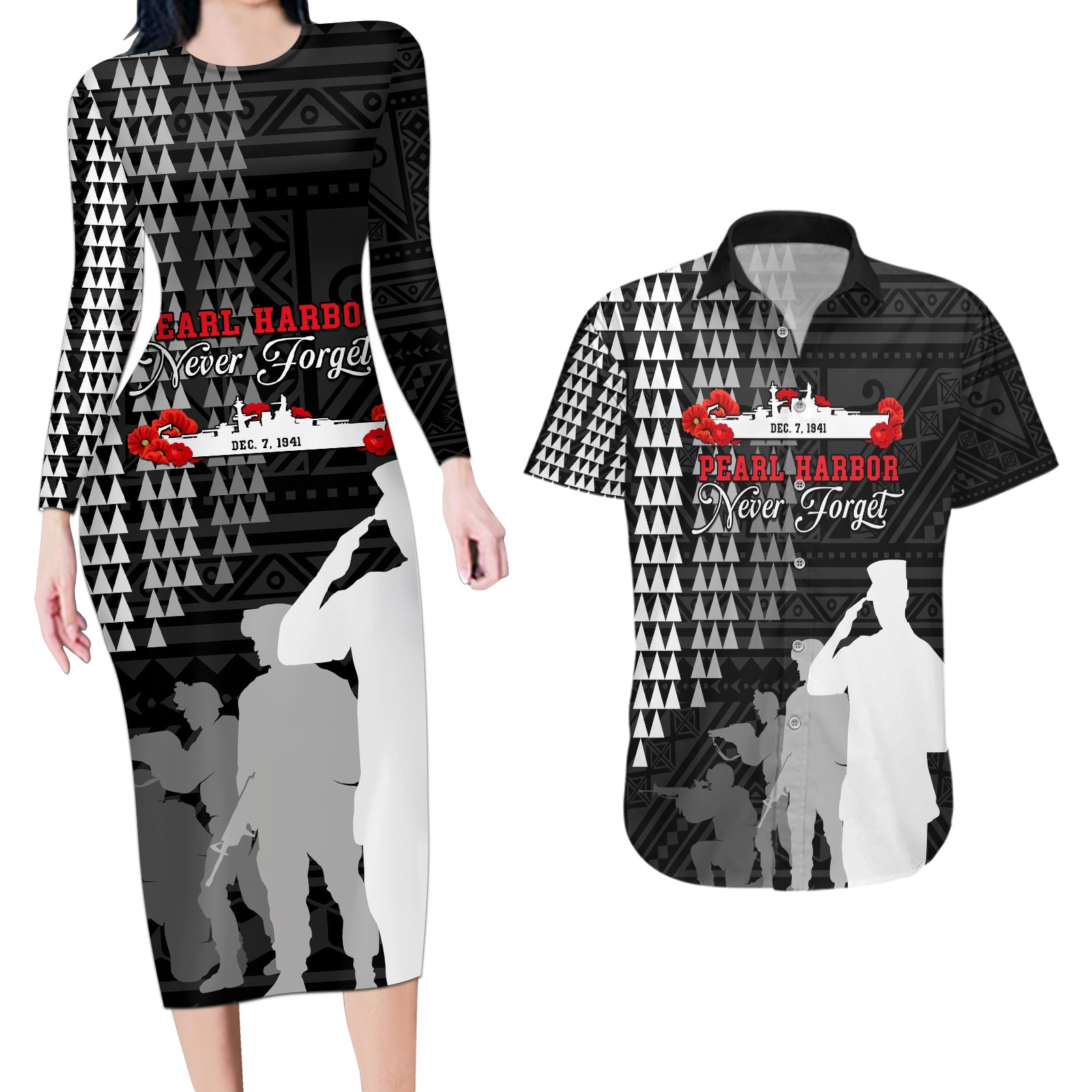 Pearl Harbor Remembrance Day Couples Matching Long Sleeve Bodycon Dress and Hawaiian Shirt USS Arizona In Memory With Polynesian Pattern LT05 Black - Polynesian Pride