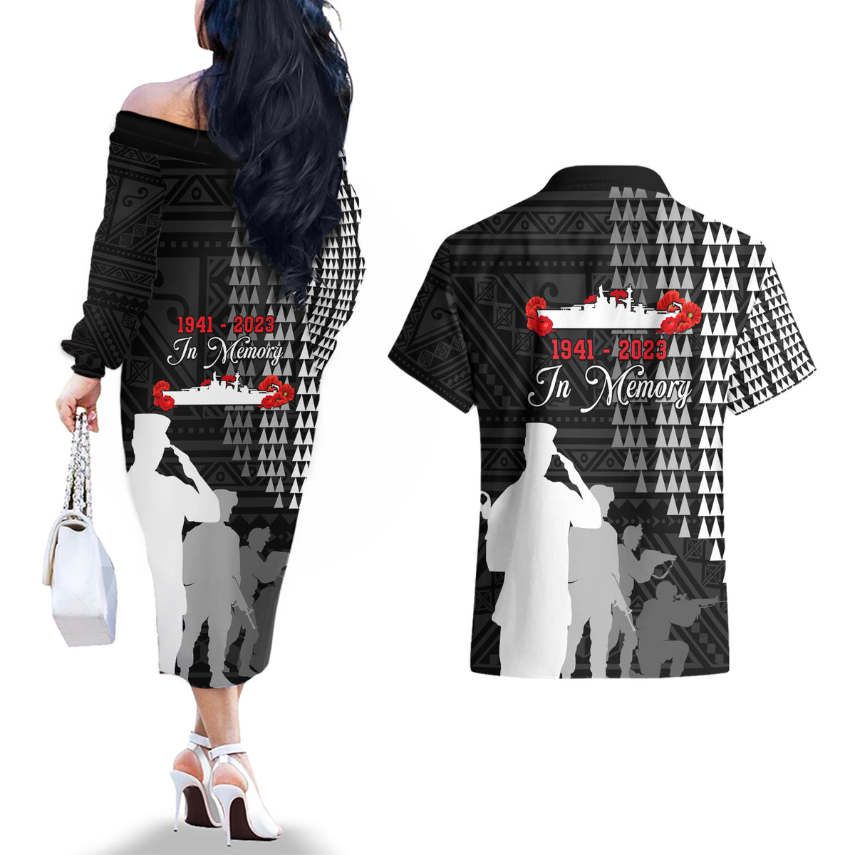 Pearl Harbor Remembrance Day Couples Matching Off The Shoulder Long Sleeve Dress and Hawaiian Shirt USS Arizona In Memory With Polynesian Pattern LT05 - Polynesian Pride