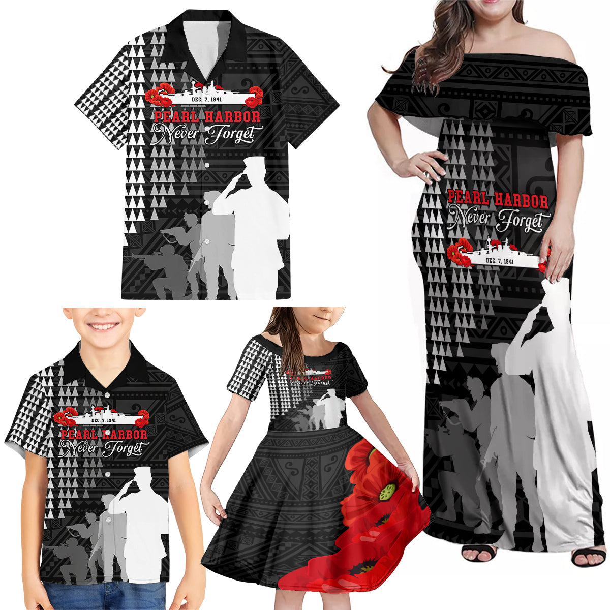 Pearl Harbor Remembrance Day Family Matching Off Shoulder Maxi Dress and Hawaiian Shirt USS Arizona In Memory With Polynesian Pattern LT05 - Polynesian Pride