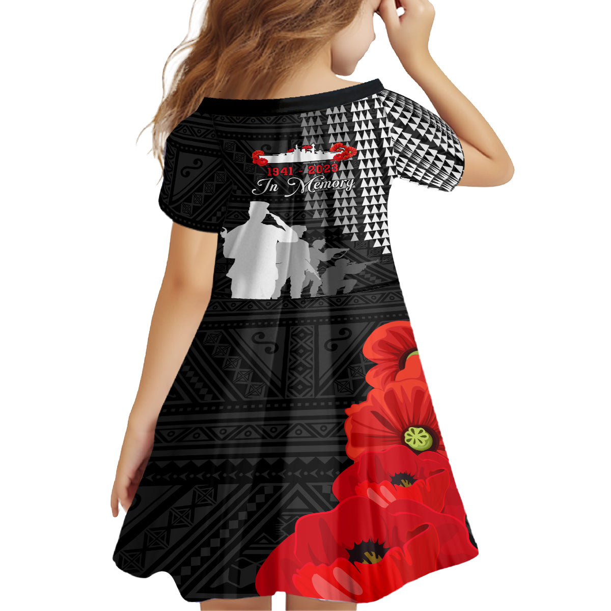Pearl Harbor Remembrance Day Kid Short Sleeve Dress USS Arizona In Memory With Polynesian Pattern LT05 - Polynesian Pride
