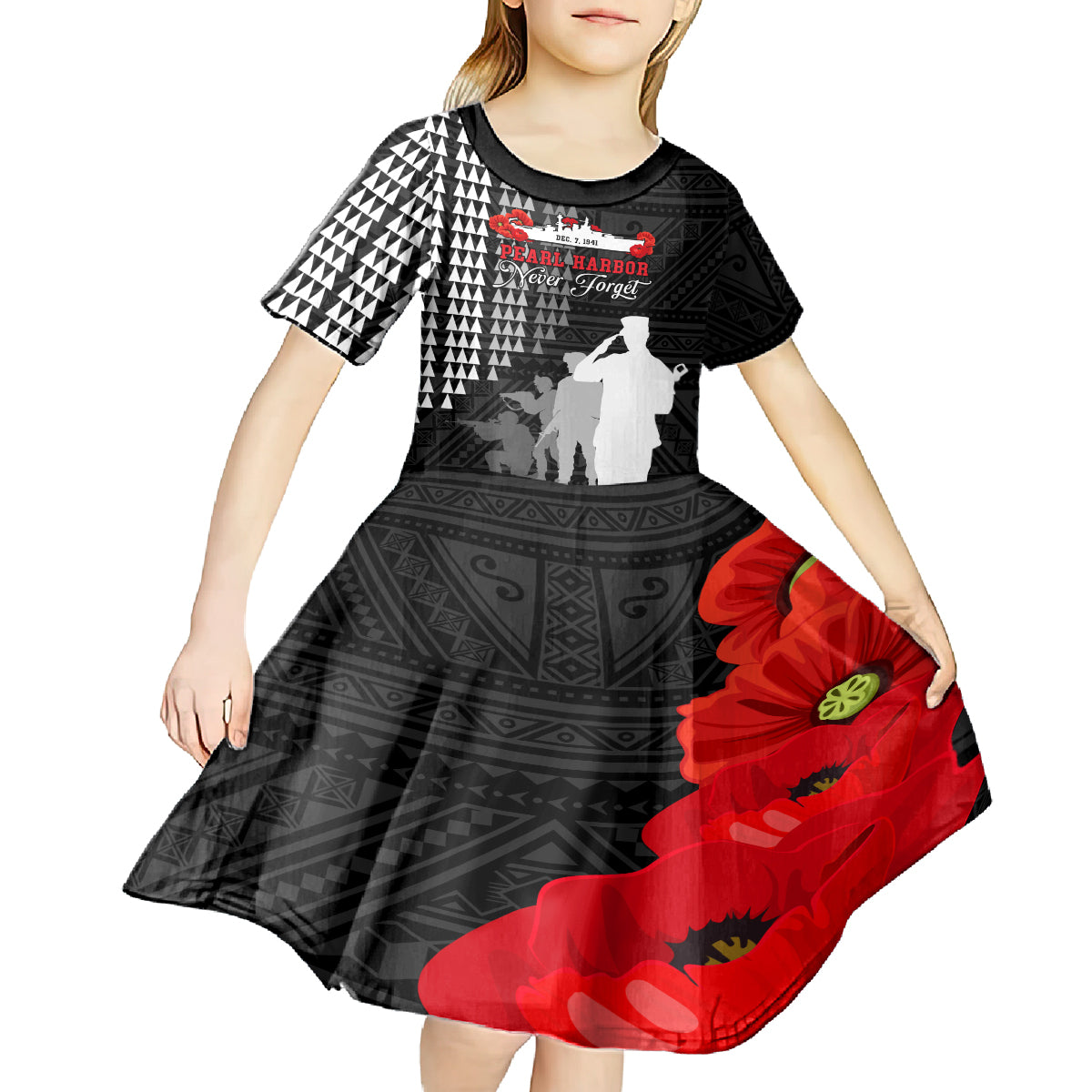 Pearl Harbor Remembrance Day Kid Short Sleeve Dress USS Arizona In Memory With Polynesian Pattern LT05 - Polynesian Pride
